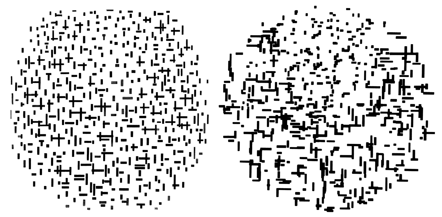 Left - Piet Mondrian, Composition in line, second state, 1916-1917. © Collection Kröller-Müller Museum, Otterlo. Courtesy: Collection Kröller-Müller Museum, Otterlo. Right - A. Michael Knoll, Computer Composition With Lines, 1964. Created with an IBM 7094 digital computer and a General Dynamics SC-4020 micro-film plotter. Photo: © A. Michael Knoll